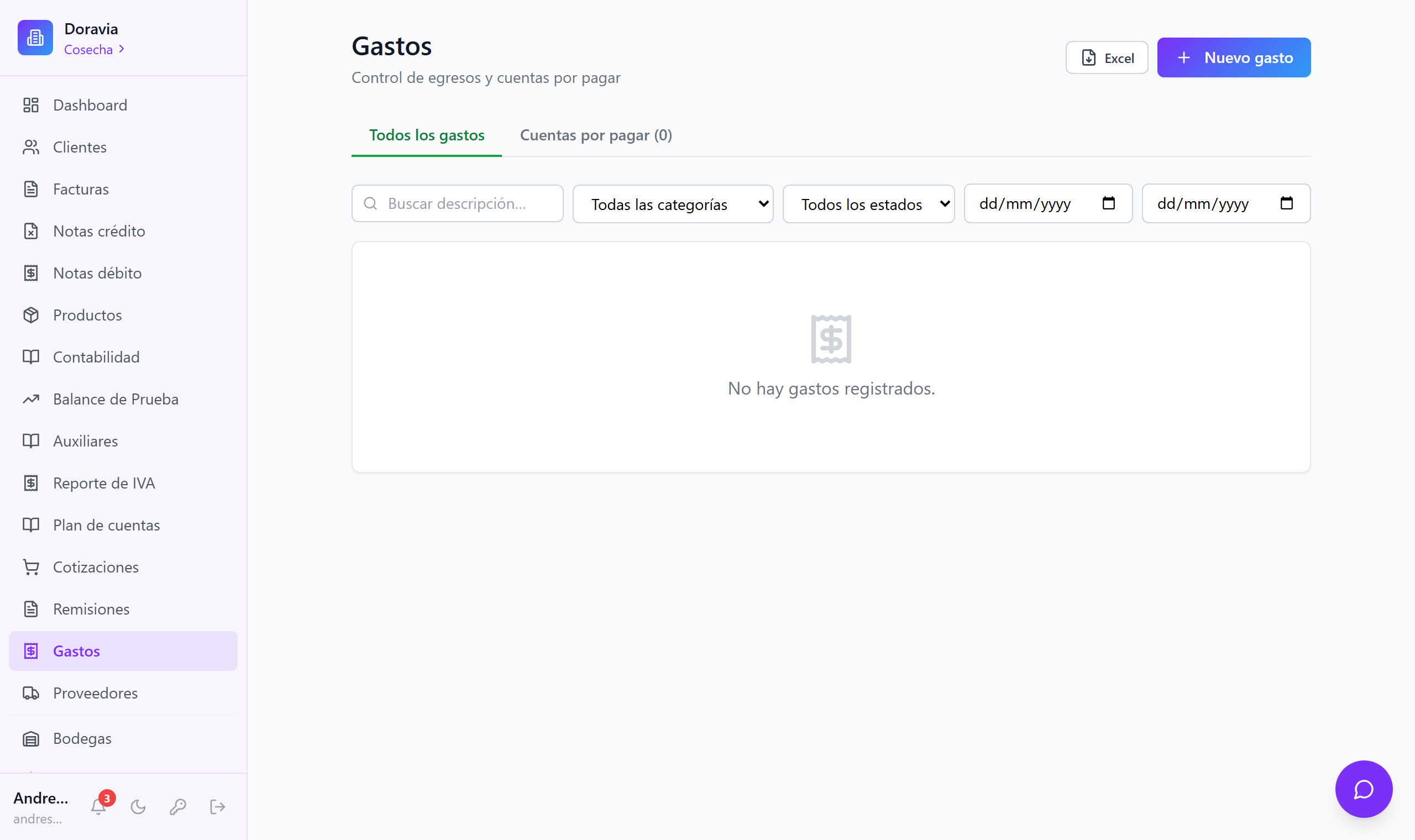 Módulo de gastos Doravia ERP